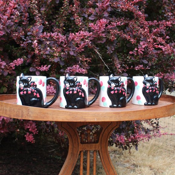 (4)Vtg Wang's International 3D Black Cat Cherries Super rare Handled mugs - Picture 3 of 13